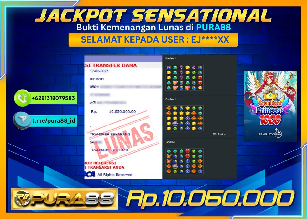 PURA88 JACKPOT STARLIGHT PRINCESS 1000 Rp 10.050.000,- LUNAS